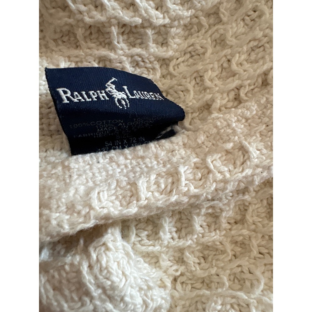 Vintage Ralph Lauren Cream Waffle Weave Cotton Throw Blanket Fringe 54x72 USA - Picture 3 of 5